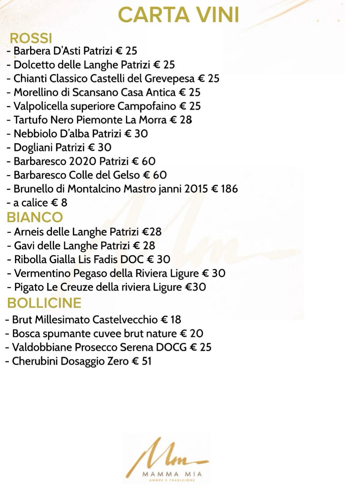 carta vini mamma mia ristorante recco